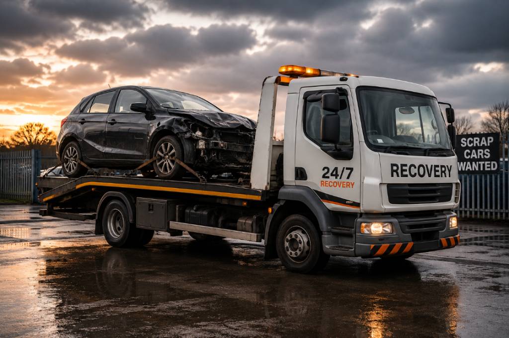 Recovery truck collecting scrap car